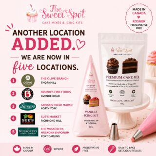 🎉 We're growing... and we're so excited to share the news! 🎉
You can now find our premium Made-in-Canada Cake Mixes & All-in-One Icing Kits at FIVE amazing locations!
📍 Bruno's – Avenue Road
📍 Sue's Market – Richmond Hill
📍 The Olive Branch – Thornhill
📍 Savours Fresh Market – Toronto
📍 The Muskokery at the Muskoka Emporium – Port Carling
Whether you're in the city or heading to cottage country, creating bakery-quality cakes at home has never been easier. Thank you to our incredible retail partners and to everyone who continues to support our small Canadian business. ❤️
Which location will you be visiting first? 👇
#TheSweetSpotCakes #MadeInCanada #ShopLocalCanada #CakeMix #Buttercream #BakingMadeEasy #RichmondHill #TorontoEats #Muskoka #SupportSmallBusiness