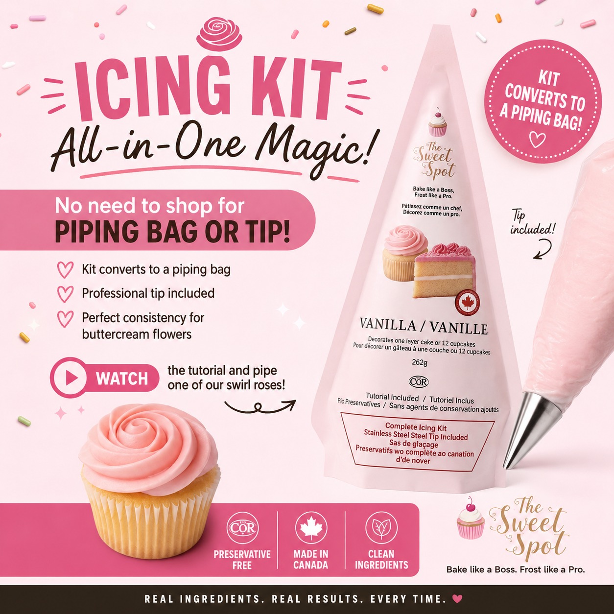 ✨ Meet the icing kit that does it all.
No last-minute trip to buy a piping bag.
No hunting for the right decorating tip.
Our Complete Icing Kit comes with a professional stainless steel piping tip, and the pouch transforms into your piping bag. Just mix, pipe, and create. 🌹
Even better? Scan the tutorial and we'll show you how to pipe one of our signature buttercream swirl roses like a pro.
And because what's inside matters just as much as what's outside...
🇨🇦 Made in Canada
✨ Preservative-free
✔️ Kosher (COR Certified)
🤍 Made with clean, quality ingredients
Pair it with one of our Premium Cake Mixes and you'll have everything you need to bake, frost, and impress.
Bake like a Boss. Frost like a Pro. 💕
#TheSweetSpotCakes #ButtercreamFlowers #CakeDecorating #MadeInCanada #CleanIngredients