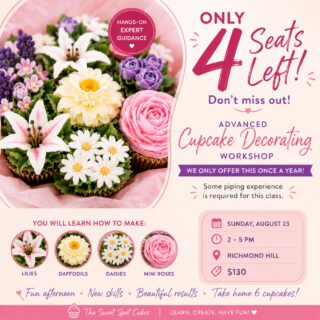 🌸 **ONLY 4 SEATS LEFT!** 🌸
Our **Advanced Cupcake Decorating Workshop** is happening **Sunday, August 23** — and we only offer this class **once a year!**
If you already have some piping experience and are ready to take your buttercream skills to the next level, this one’s for you. 💐
You’ll learn how to pipe:
🌸 Lilies
🌼 Daffodils
🌼 Daisies
🌹 Mini roses
📍 **Richmond Hill**
🗓 **Sunday, August 23**
⏰ **2–5 PM**
💰 **$130**
🎟️ **Only 4 seats remaining**
Come spend a fun afternoon piping beautiful buttercream flowers, learning new techniques and taking your decorating skills up a notch.
**Once a year. Four seats left. Don’t miss out!** 🌸
#CupcakeDecorating #ButtercreamFlowers #CupcakeWorkshop #RichmondHillEvents #TheSweetSpotCakes