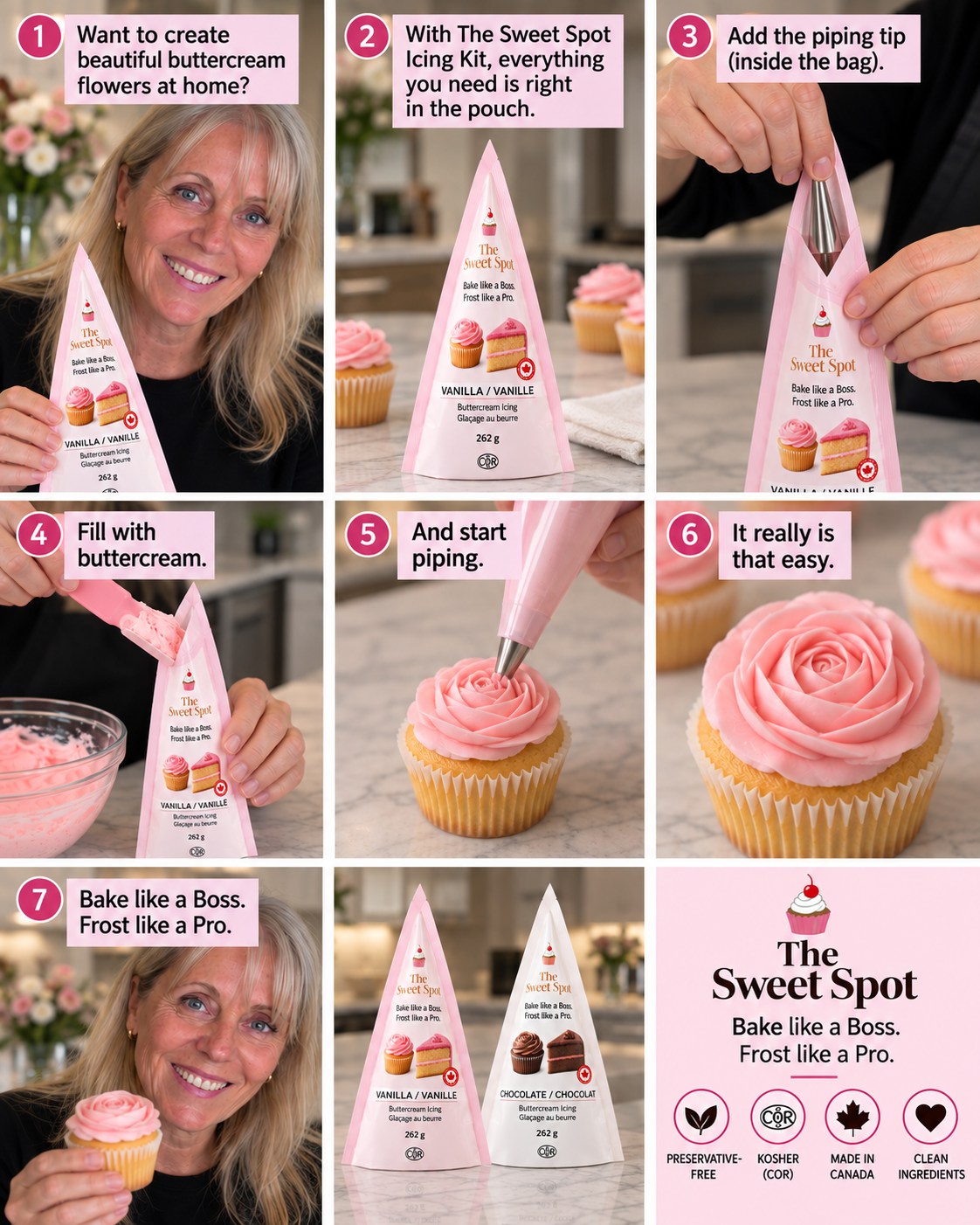 Beautiful buttercream flowers at home? Yes, you can. 🌸🧁
Our all-in-one Icing Kit makes decorating simple. Just add the included stainless-steel piping tip, fill the pouch with buttercream and start piping.
✨ Pouch converts into your piping bag
✨ Professional piping tip included
✨ Step-by-step QR tutorial
✨ Preservative-free
✨ Kosher (COR)
✨ Made in Canada 🇨🇦
Beautiful results without needing a drawer full of decorating tools.
Bake like a Boss. Frost like a Pro. 💕
#TheSweetSpotCakes #IcingKit #ButtercreamFlowers #CupcakeDecorating #BakingMadeEasy #HomeBakers #MadeInCanada #CanadianMade #WomenOwnedBusiness #KosherCanada #ButtercreamRose