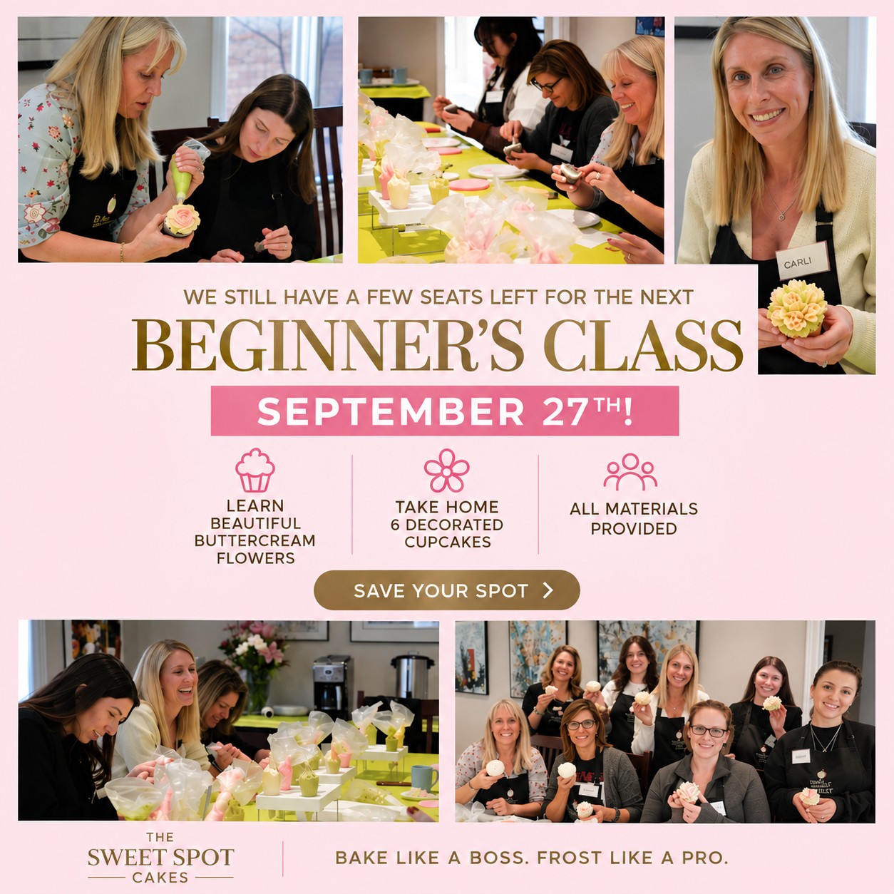 🌸 A few seats are still available!

Join our Beginner’s Buttercream Flower Decorating Class on September 27th in Richmond Hill and learn how to turn cupcakes into beautiful buttercream flowers.

🧁 All materials provided
🌸 Take home 6 decorated cupcakes
✨ No experience necessary

Limited spots remaining — book your seat today!

#ButtercreamFlowers #CupcakeDecorating #RichmondHill #TorontoWorkshops #TheSweetSpotCakes