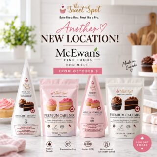 We’re growing! 🌸 Another new location!
Find our Premium Cake Mixes & Icing Kits at McEwan Fine Foods, Don Mills from October 9. 🇨🇦
Bake like a Boss. Frost like a Pro.
#TheSweetSpotCakes #MadeInCanada #TorontoFood #DonMills #ShopLocalToronto