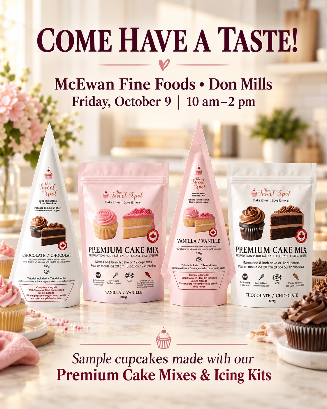 Your Friday plans just got sweeter! 🧁
Come along to McEwan Fine Foods, Don Mills, on Friday, October 9, from 10 am–2 pm to sample delicious cupcakes made with our premium cake mixes and icing kits.
Come say hello and have a taste! 💕
#TheSweetSpotCakes #McEwanFineFoods #DonMills #CakeMix #IcingKit #MadeInCanada #WomanOwnedBusiness #canadianwomeninfood