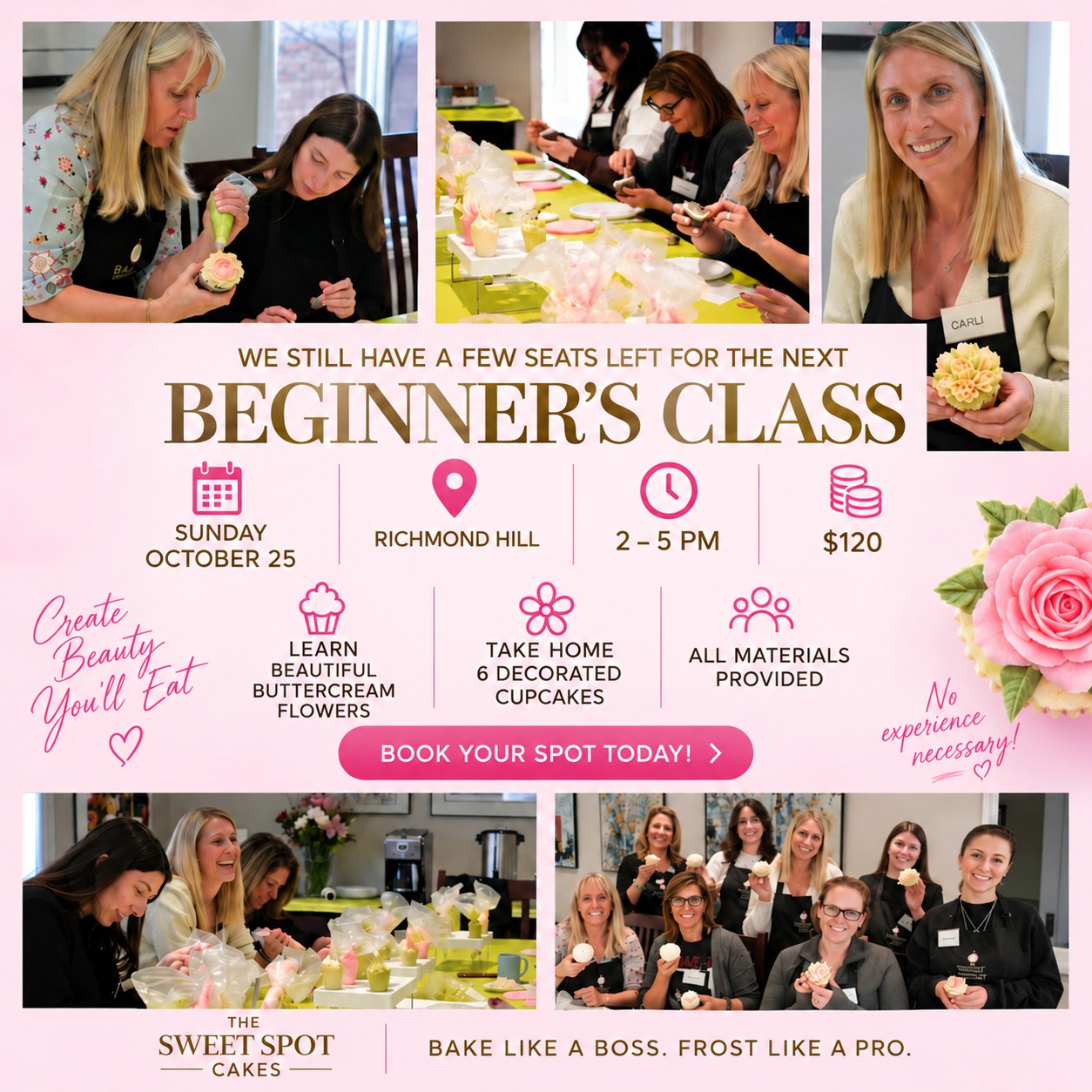 A few seats are still available!
Join our Beginner’s Cupcake DecJoin our Beginner’s Cupcake Decorating class on
Sunday, October 25, from 2–5 PM in Richmond Hill, come learn how to pipe 6 beautiful buttercream flowers plus leaves—no experience needed! You’ll go home with a box of 6 gorgeous cupcakes you decorated yourself.
All materials provided | $120 per person
Spaces are limited—reserve your spot now for a sweet and creative afternoon!
#cupcakedecorating #buttercreamflowers #richmondhillworkshops #bakingclass #cupcakeclass #creativeafternoon #learnsomethingnew #sweetcreations